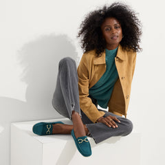 Alternate view of a model wearing The Double Bit Driver in ReVelvet™ Everglade.