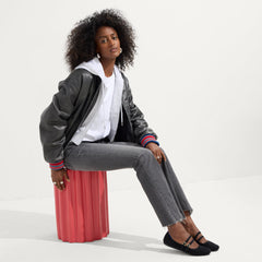 Alternate view of a model wearing The Double Buckle Mary Jane in ReVelvet™ Black.