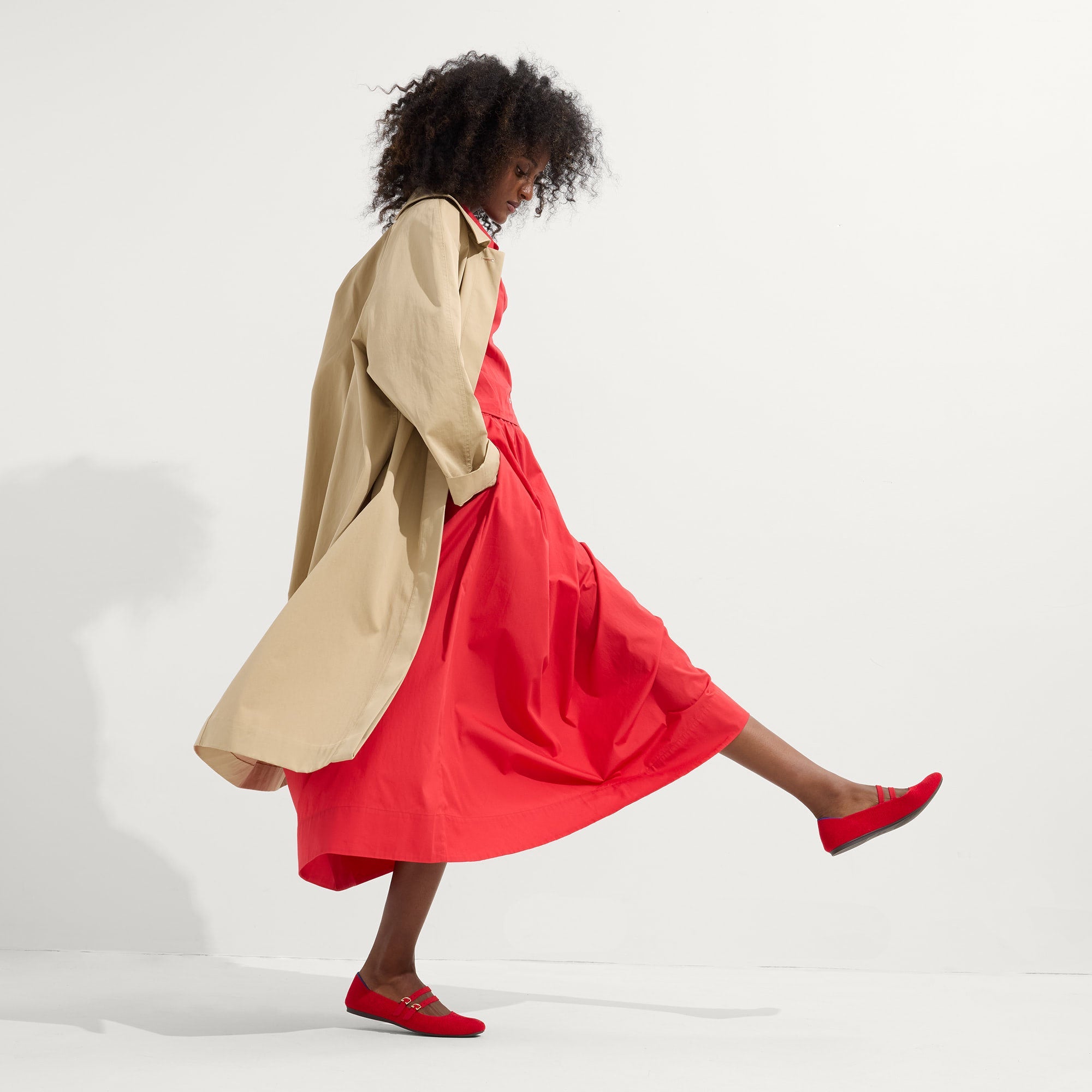 Alternate view of a model wearing The Double Buckle Mary Jane in ReVelvet™ Red Crisp.