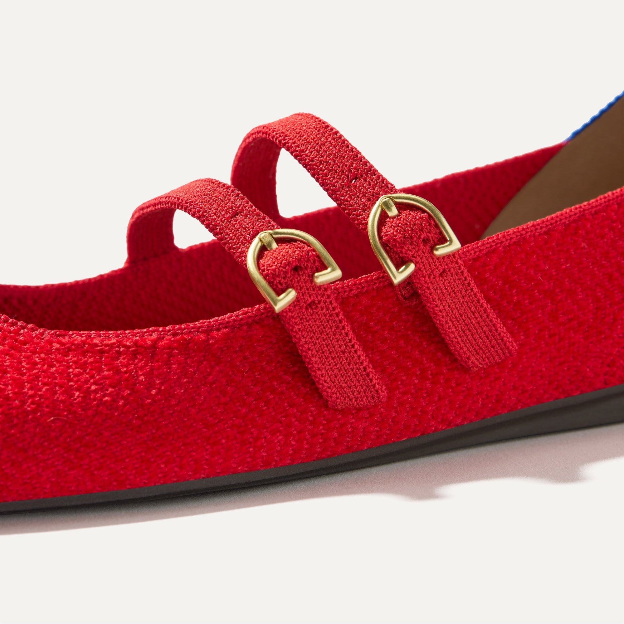 Close up of the buckle details of The Double Buckle Mary Jane in ReVelvet™ Red Crisp.