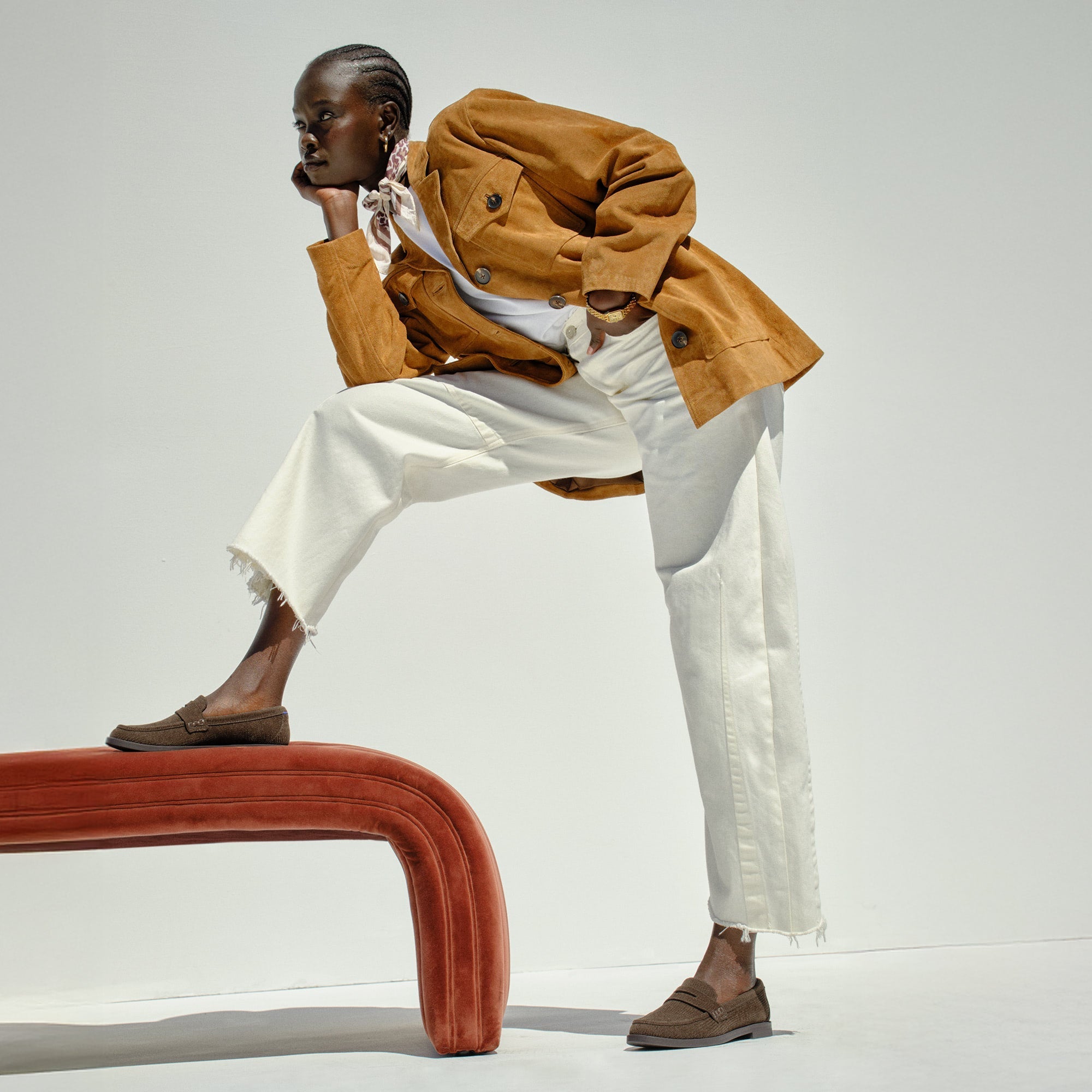 Alternate view of a model wearing The Penny Loafer in ReVelvet™ Bistro.