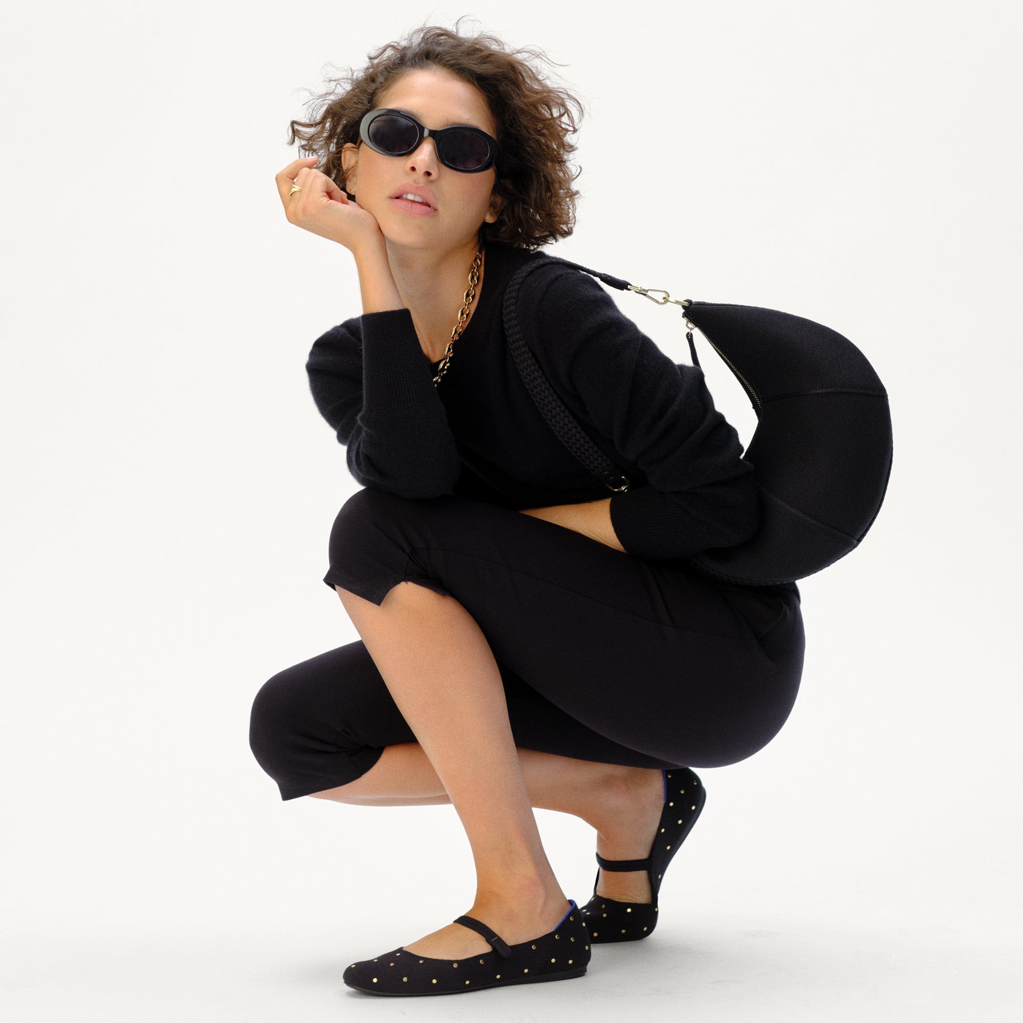 Alternate view of a model wearing The Square Mary Jane in Studded Black.