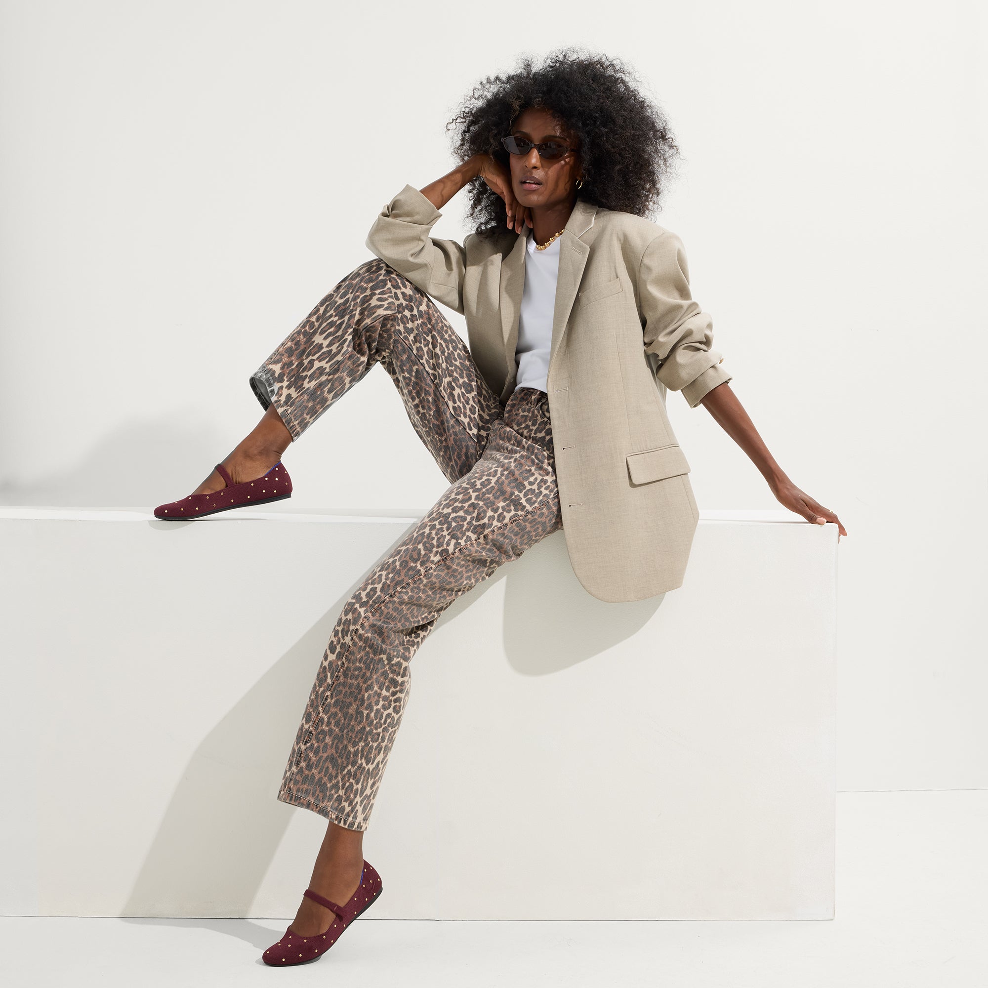 Alternate view of a model wearing The Square Mary Jane in Studded Syrah.