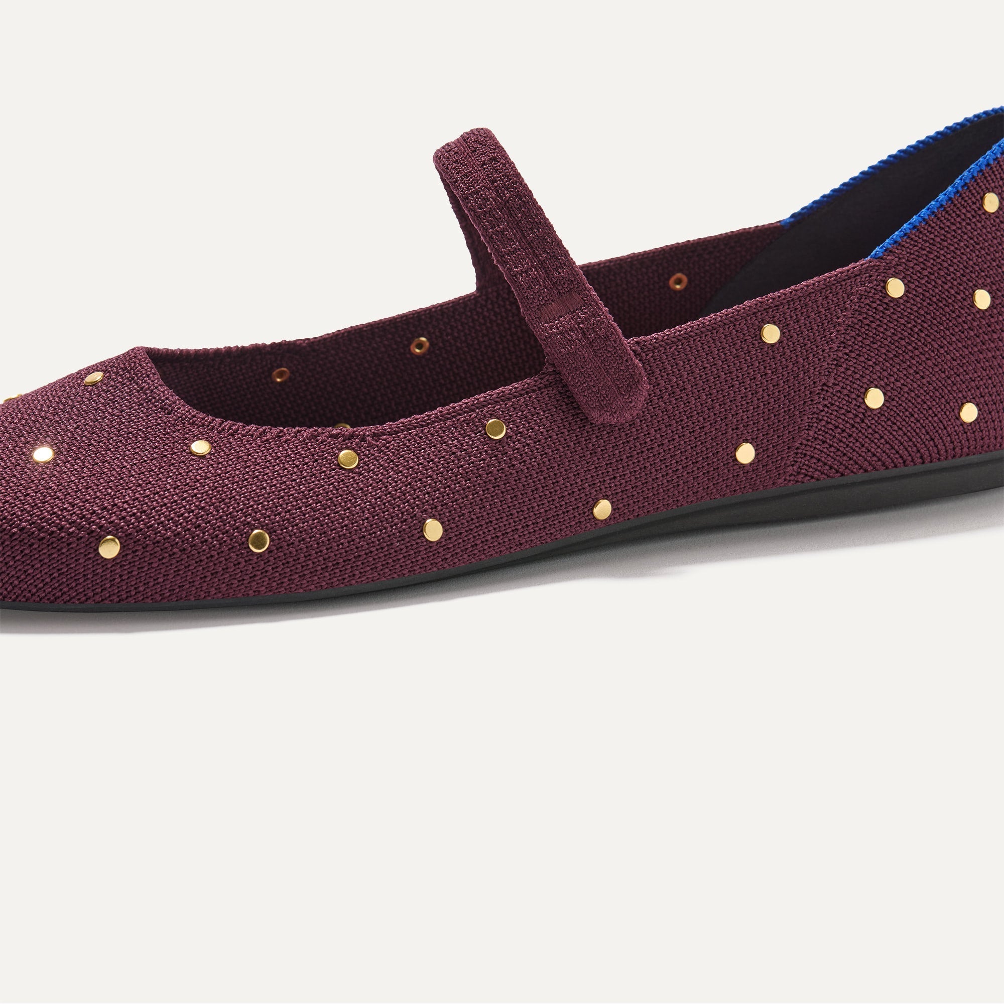 A close up of The Square Mary Jane in Studded Syrah shown from the side.