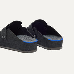 hover | Close up of the heel and sherpa lining of The Men's Cozy Clog in Black, with Rothy's signature blue halo. 