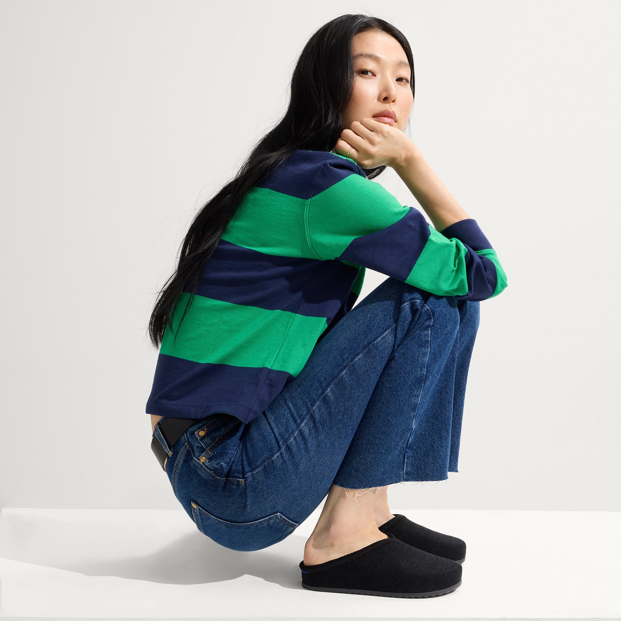 Alternate view of a model wearing The Casual Clog in ReVelvet™ Black.