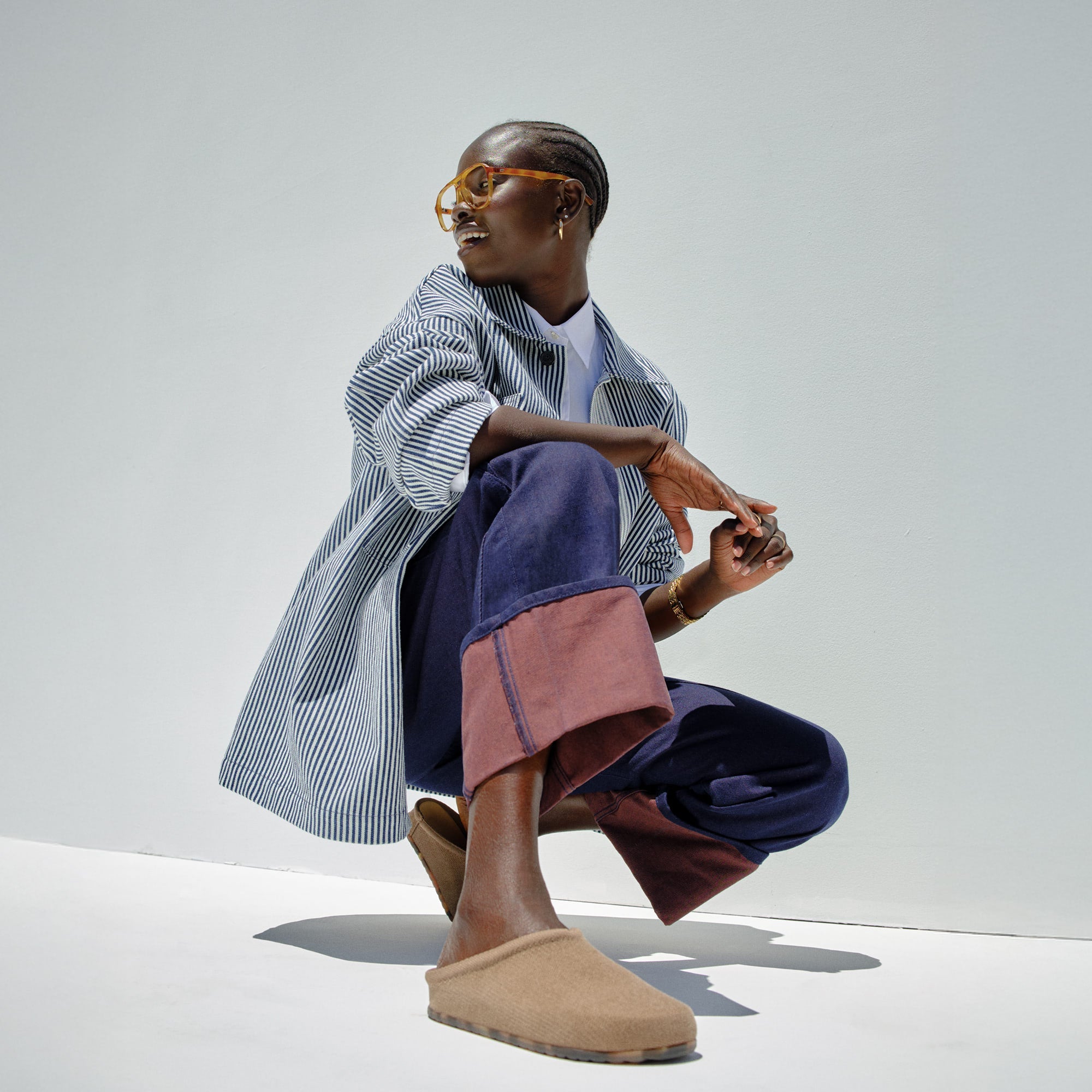 Alternate view of a model wearing The Casual Clog in ReVelvet Portobello.