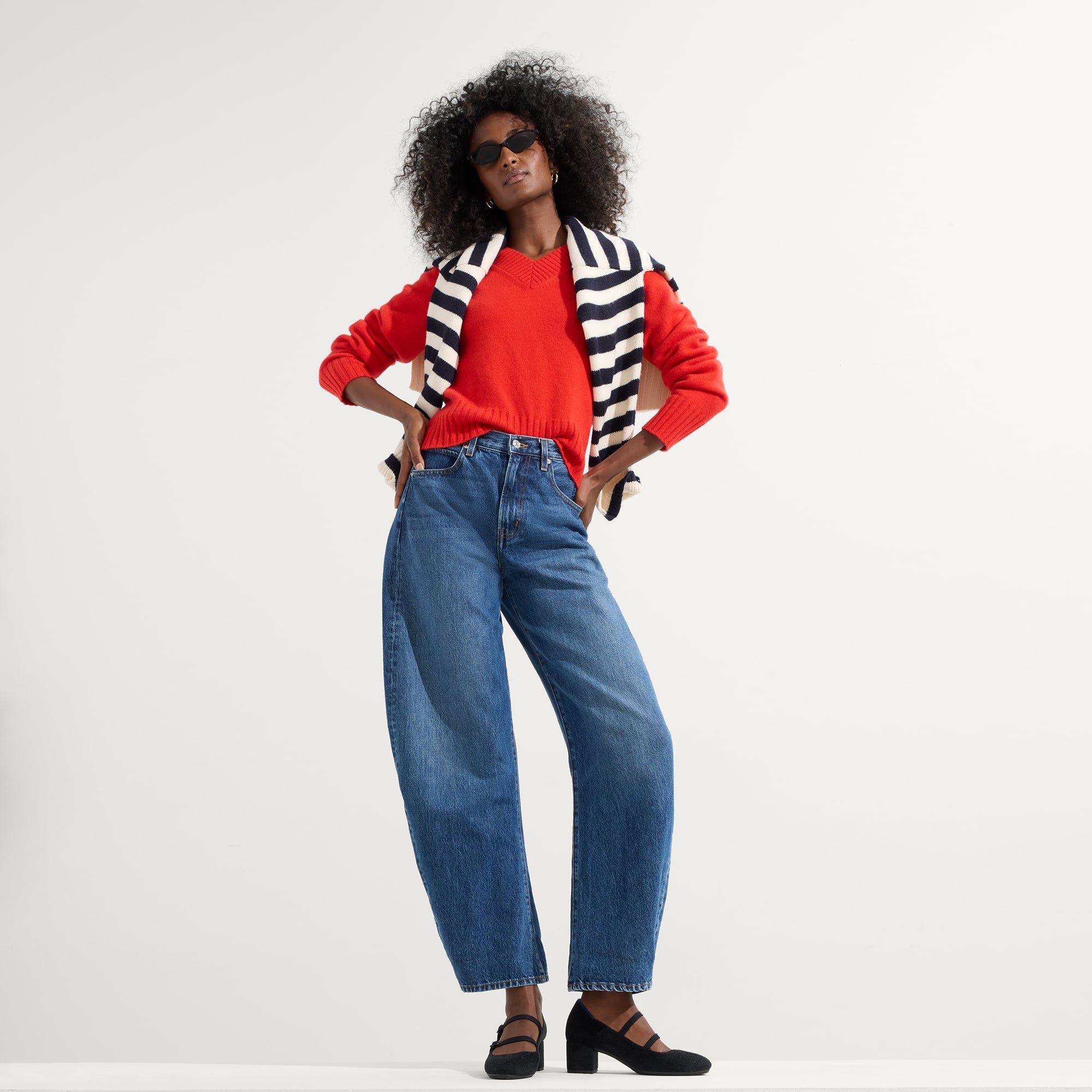 Alternate view of a model wearing The Double Buckle Mary Jane Heel in ReVelvet™ Black.