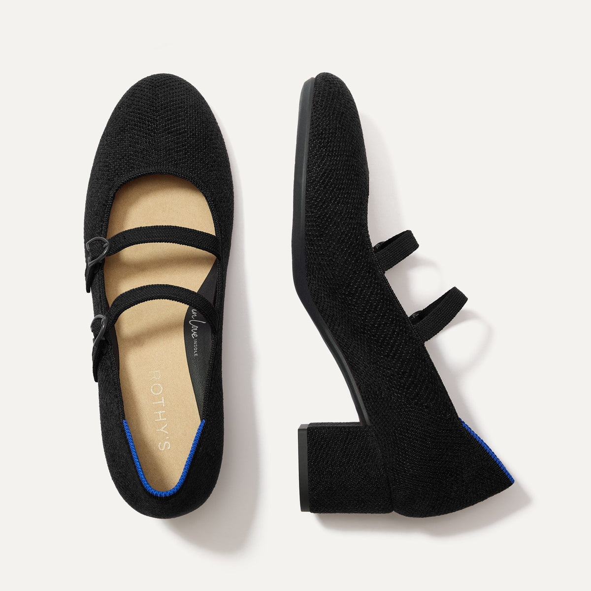 The Double Buckle Mary Jane Heel in ReVelvet™ Black shown from the top.