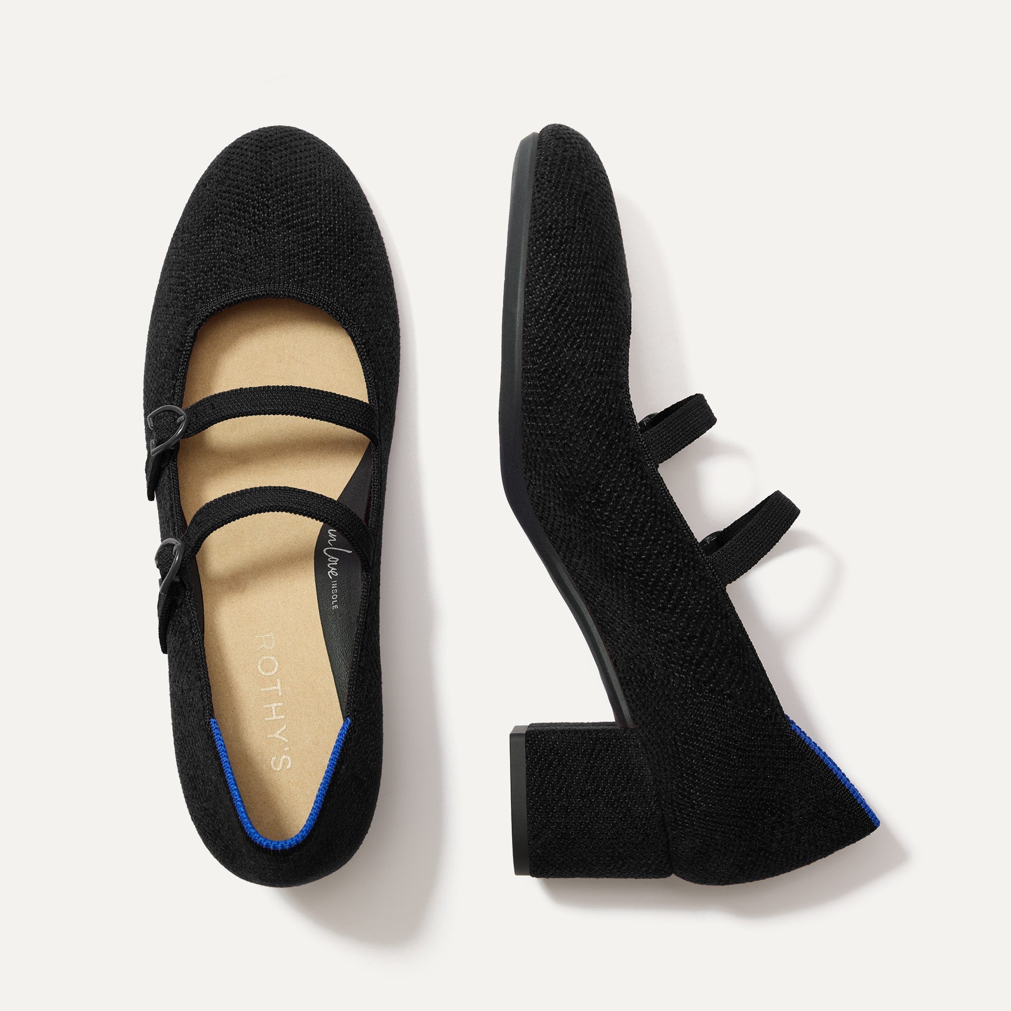 The Double Buckle Mary Jane Heel in ReVelvet™ Black shown from the top.