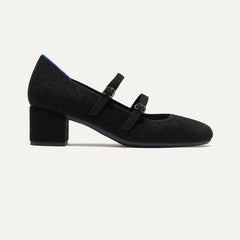 The Double Buckle Mary Jane Heel in ReVelvet™ Black shown from the side.